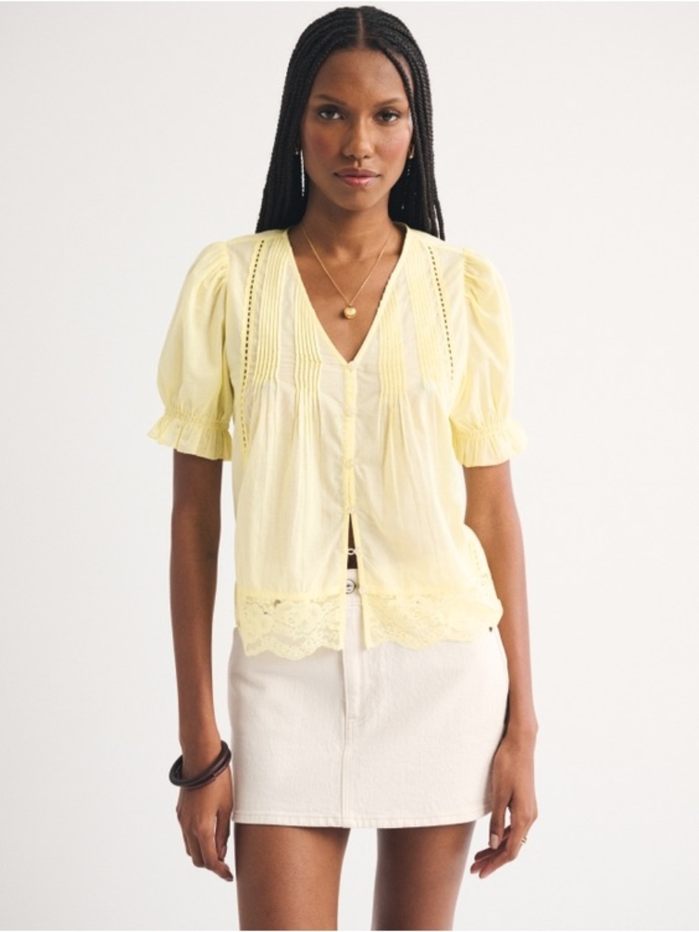 A & F 100% Cotton Lace-Trim Button-Up Blouse